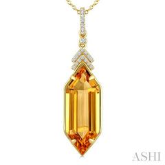 22X8 MM Evoque Gemstone Hexagon Shape Citrine and 1/10 Ctw Round Cut Diamond Semi-Precious Pendant With Chain in 14K Yellow Gold