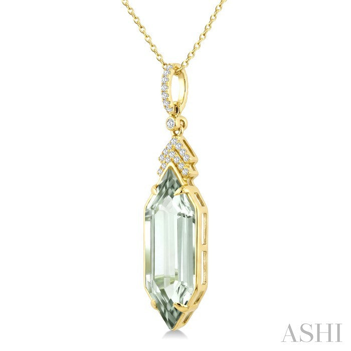 22X8 MM Evoque Gemstone Hexagon Shape Green Amethyst and 1/10 Ctw Round Cut Diamond Semi-Precious Pendant With Chain in 14K Yellow Gold