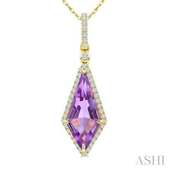 16X7 MM Evoque Gemstones Kite Shape Amethyst and 1/5 Ctw Round Cut Diamond Semi-Precious Pendant With Chain in 10K Yellow Gold