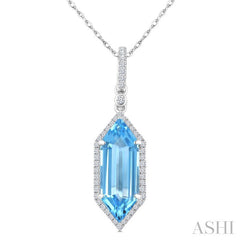 16X6 MM Evoque Gemstones Hexagon Shape Blue Topaz and 1/5 Ctw Round Cut Diamond Semi-Precious Pendant With Chain in 10K White Gold