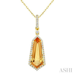 16X7 MM Evoque Gemstone Shield Shape Citrine and 1/5 Ctw Round Cut Diamond Semi-Precious Pendant With Chain in 10K Yellow Gold