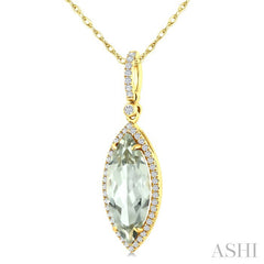 16X7 MM Evoque Gemstone Marquise Shape Green Amethyst and 1/5 Ctw Round Cut Diamond Semi-Precious Pendant With Chain in 10K Yellow Gold