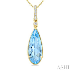 16X6 MM Evoque Gemstones Pear Shape Blue Topaz and 1/20 Ctw Round Cut Diamond Semi-Precious Pendant With Chain in 10K Yellow Gold