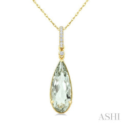 16X6 MM Evoque Gemstone Pear Shape Green Amethyst and 1/20 Ctw Round Cut Diamond Semi-Precious Pendant With Chain in 10K Yellow Gold