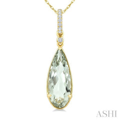 16X6 MM Evoque Gemstone Pear Shape Green Amethyst and 1/20 Ctw Round Cut Diamond Semi-Precious Pendant With Chain in 10K Yellow Gold