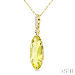 16X6 MM Evoque Gemstones Oval Shape Lemon Quartz and 1/20 Ctw Round Cut Diamond Semi-Precious Pendant With Chain in 10K Yellow Gold