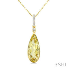 16X6 MM Evoque Gemstones Pear Shape Lemon Quartz and 1/20 Ctw Round Cut Diamond Semi-Precious Pendant With Chain in 10K Yellow Gold