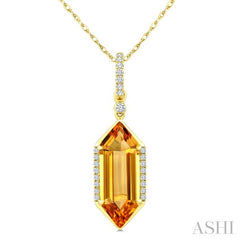 16X6 MM Evoque Gemstone Hexagon Shape Citrine and 1/10 Ctw Round Cut Diamond Semi-Precious Pendant With Chain in 10K Yellow Gold