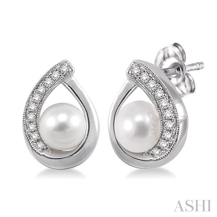 6x6 MM Round Shape Cultured Pearls and 1/10 Ctw Round Cut Diamond Earrings in 10K White Gold