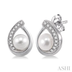 6x6 MM Round Shape Cultured Pearls and 1/10 Ctw Round Cut Diamond Earrings in 10K White Gold