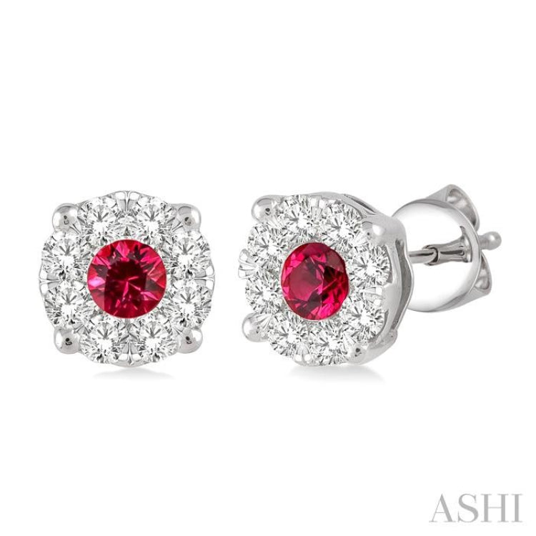 3.3 MM Round Cut Ruby and 1/2 Ctw Lovebright Diamond Precious Earrings in 14K White Gold
