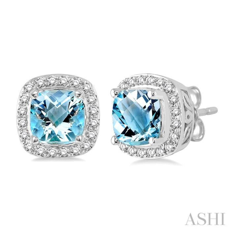 6x6 MM Cushion Shape Aquamarine and 1/4 ctw Round Cut Diamond Earrings in 14K White Gold