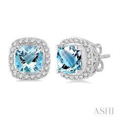 6x6 MM Cushion Shape Aquamarine and 1/4 ctw Round Cut Diamond Earrings in 14K White Gold