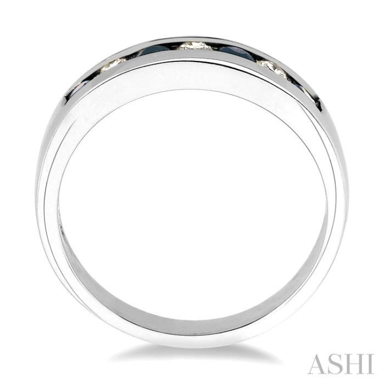 2.5 MM Round Cut Sapphire and 1/5 Ctw Channel Set Round Cut Diamond Band in 14K White Gold