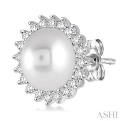 7x7 MM Round Shape Cultured Pearls and 1/4 Ctw Round Cut Diamond Earrings in 14K White Gold