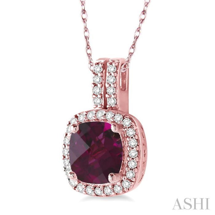 7x7 MM Cushion Shape Rhodolite Garnet and 1/5 Ctw Round Cut Diamond Pendant in 14K Rose Gold with Chain