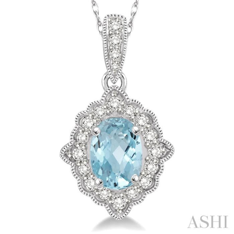 6x4 MM Ethnic Oval Cut Aquamarine and 1/6 Ctw Round Cut Diamond Semi-Precious Pendant in 10K White Gold with chain