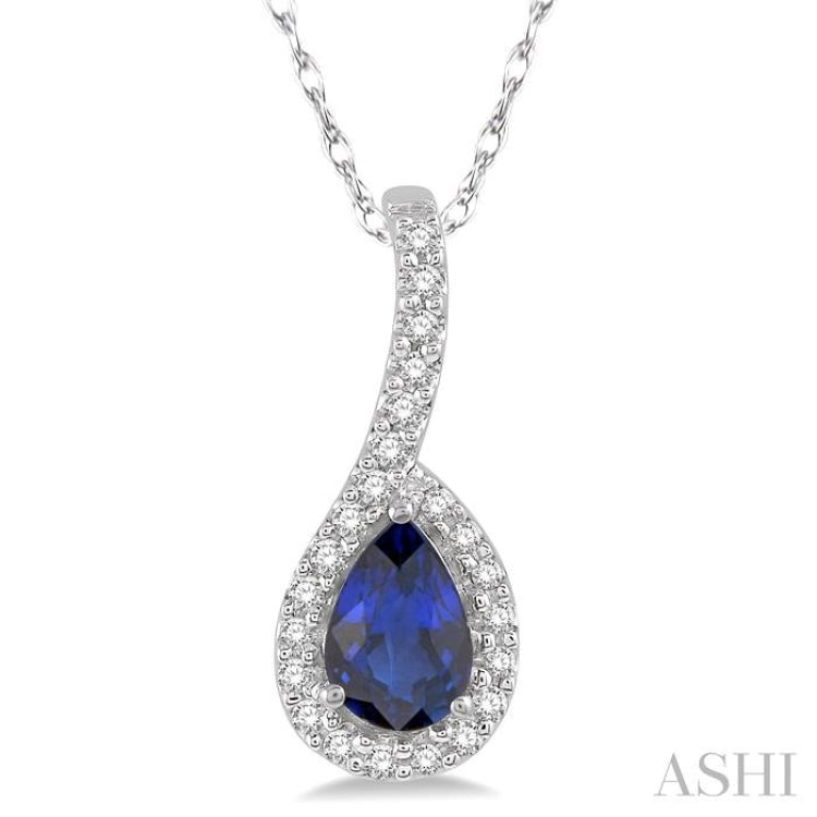 6X4 MM Pear Shape Sapphire and 1/8 Ctw Round Cut Diamond Precious Pendant With Chain in 10K White Gold