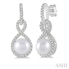 6x6 MM Round Shape Cultured Pearl and 1/4 Ctw Twisted Loop Round Cut Diamond Earring in 10K White Gold