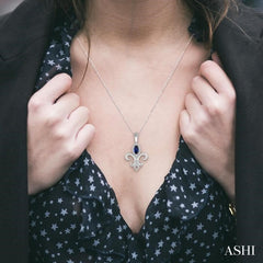 6x3 MM Marquise Shape Sapphire and 1/10 Ctw Round Cut Diamond Fleur De Lis Precious Pendant With Chain in 10K White Gold