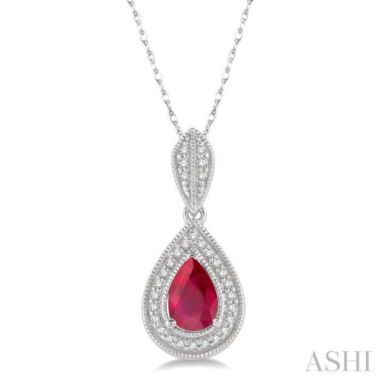 6x4 MM Pear Shape Ruby and 1/10 Ctw Round Cut Diamond Precious Pendant With Chain in 10K White Gold