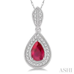 6x4 MM Pear Shape Ruby and 1/10 Ctw Round Cut Diamond Precious Pendant With Chain in 10K White Gold
