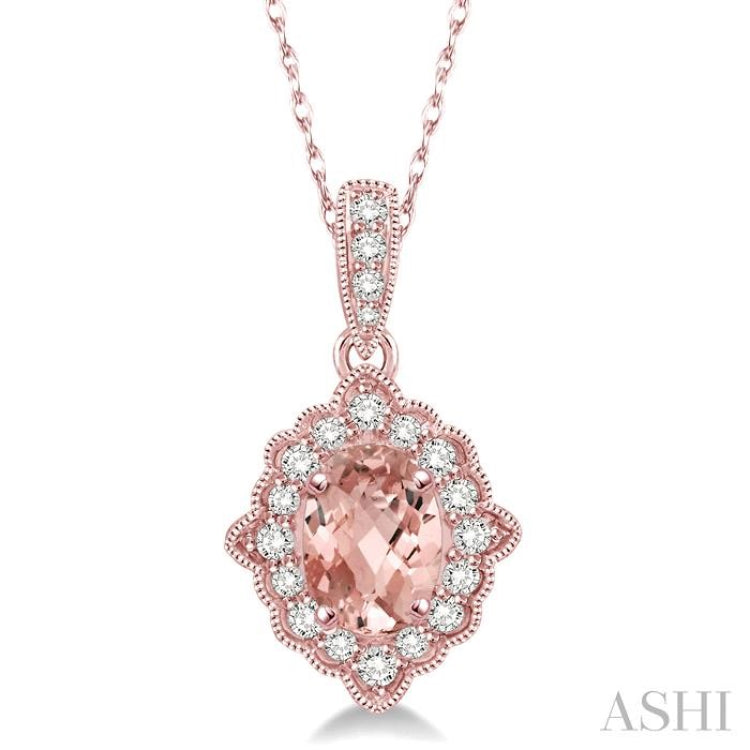 6x4 MM Ethnic Oval Cut Morganite and 1/6 Ctw Round Cut Diamond Semi-Precious Pendant in 10K Rose Gold with chain
