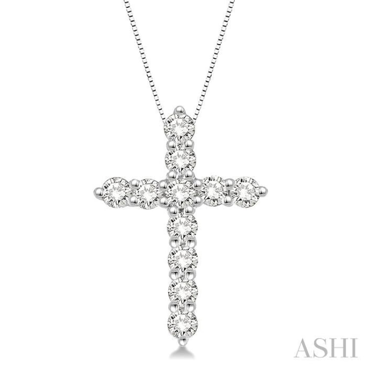 3/4 ctw Round Cut Diamond Cross Pendant in 14K White Gold with Chain