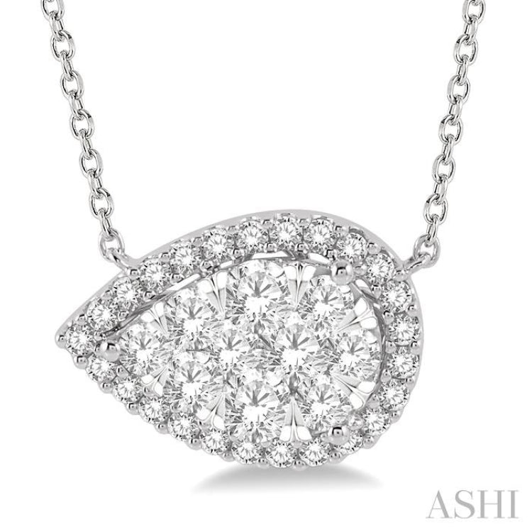 1 Ctw Pear Shape Round Cut Diamond Lovebright Pendant With Chain in 14K White Gold