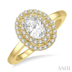 1/2 Ctw Twin Halo Round Cut Diamond Engagement Ring With 1/4 Ct Oval Cut Center Stone in 14K Yellow and White Gold