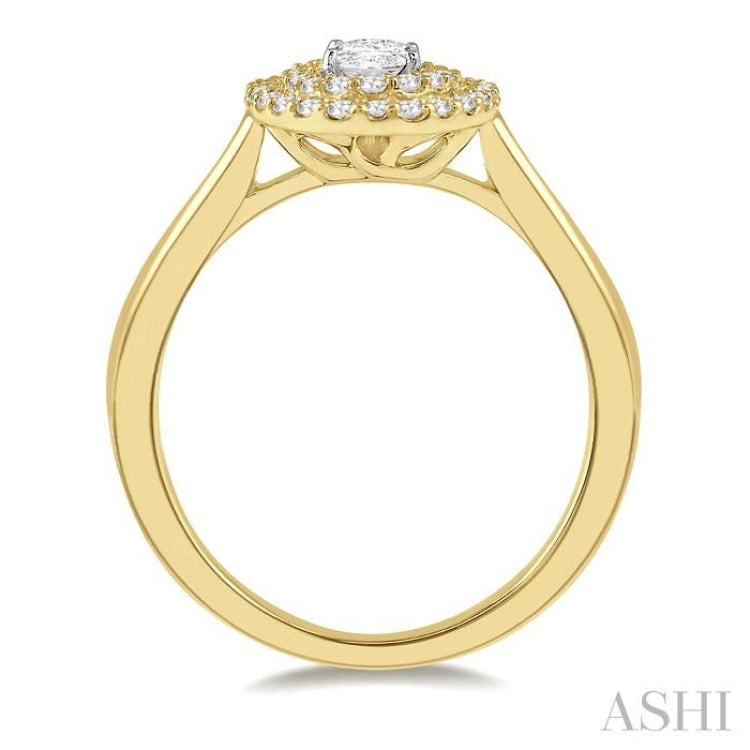 1/2 Ctw Twin Halo Round Cut Diamond Engagement Ring With 1/4 Ct Oval Cut Center Stone in 14K Yellow and White Gold