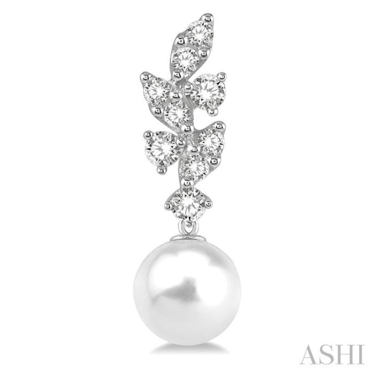 8 MM Cultured Pearl and 1/3 Ctw Diamond Crepe Dangler Earrings in 14K White Gold