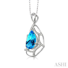10x7 MM Pear Shape Blue Topaz and 1/5 Ctw Round Cut Diamond Semi-Precious Pendant in 14K White Gold with Chain