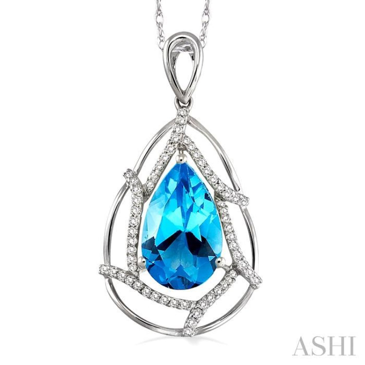 10x7 MM Pear Shape Blue Topaz and 1/5 Ctw Round Cut Diamond Semi-Precious Pendant in 14K White Gold with Chain
