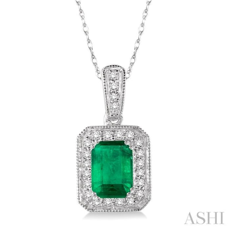 6x4 MM Emerald Shape Emerald and 1/5 Ctw Round Cut Diamond Pendant in 14K White Gold with Chain