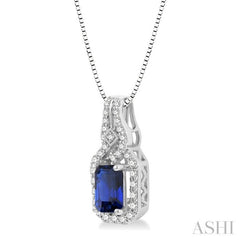 6x4 MM Emerald Shape Sapphire and 1/5 Ctw Interlocking Round Cut Diamond Precious Pendant With Chain in 14K White Gold