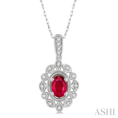 6x4 MM Oval Cut Ruby and 1/8 Ctw Lattice Round Cut Diamond Precious Pendant With Chain in 10K White Gold