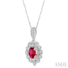 6x4 MM Oval Cut Ruby and 1/8 Ctw Lattice Round Cut Diamond Precious Pendant With Chain in 10K White Gold