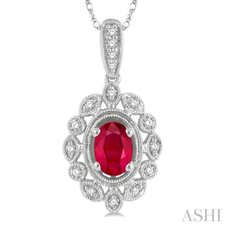 6x4 MM Oval Cut Ruby and 1/8 Ctw Lattice Round Cut Diamond Precious Pendant With Chain in 10K White Gold