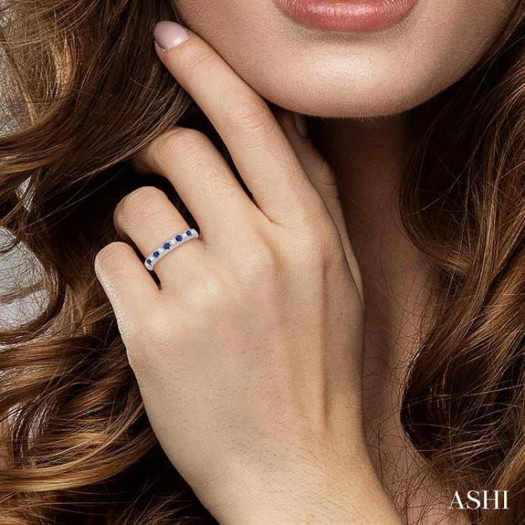 2.3 MM Sapphire and 1/4 ctw Round Cut Diamond Precious Wedding Band in 14K White Gold