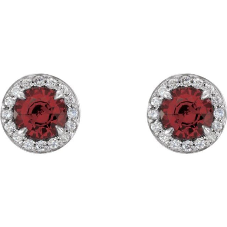 14K White 5 mm Natural Mozambique Garnet & 1/8 CTW Natural Diamond Earrings