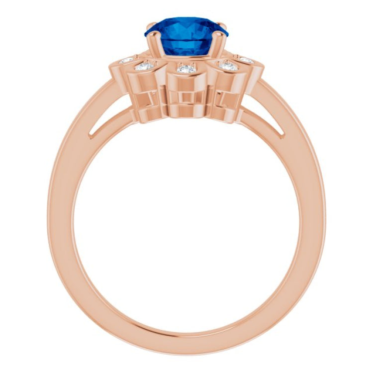 14K Rose Lab-Grown Blue Sapphire & 1/8 CTW Natural Diamond Ring