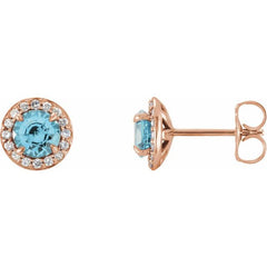 14K Rose 5 mm Natural Aquamarine & 1/8 CTW Natural Diamond Earrings