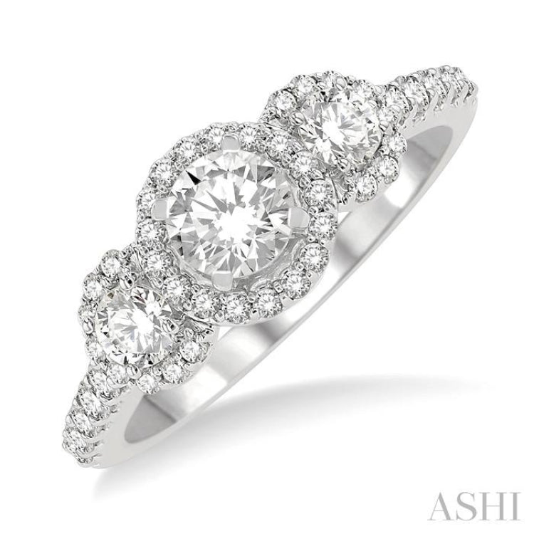 1 Ctw Past, Present & Future Diamond Engagement Ring With 3/8 Ct Round Cut Center Stone in 14K White Gold