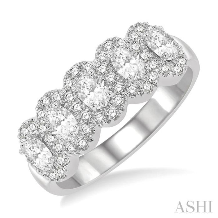 1 ctw Oval Shape 5 Stone Oval & Round Cut Diamond Halo Wedding Band in 14K White Gold