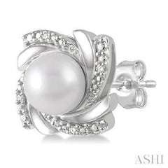 6X6 MM SILVER 0.03CT DIAMOND PEARL EARRING