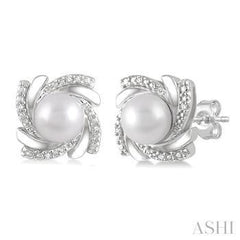 6X6 MM SILVER 0.03CT DIAMOND PEARL EARRING