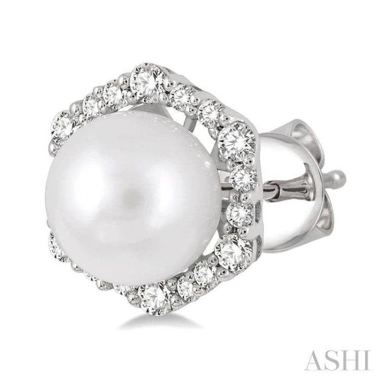 7 MM Cultured Pearls and 1/3 Ctw Hexagon Shape Round Cut Diamond Earrings in 14K White Gold