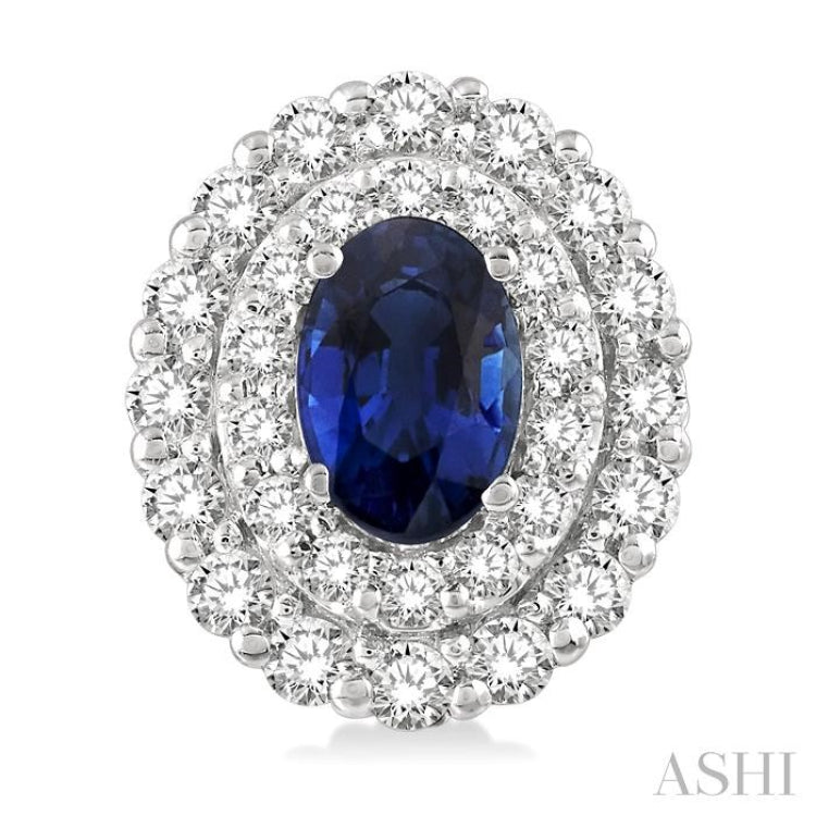 6x4 MM Oval Shape Sapphire and 3/4 ctw Round Cut Diamond Precious Earrings in 14K White Gold