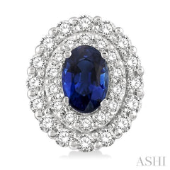 6x4 MM Oval Shape Sapphire and 3/4 ctw Round Cut Diamond Precious Earrings in 14K White Gold